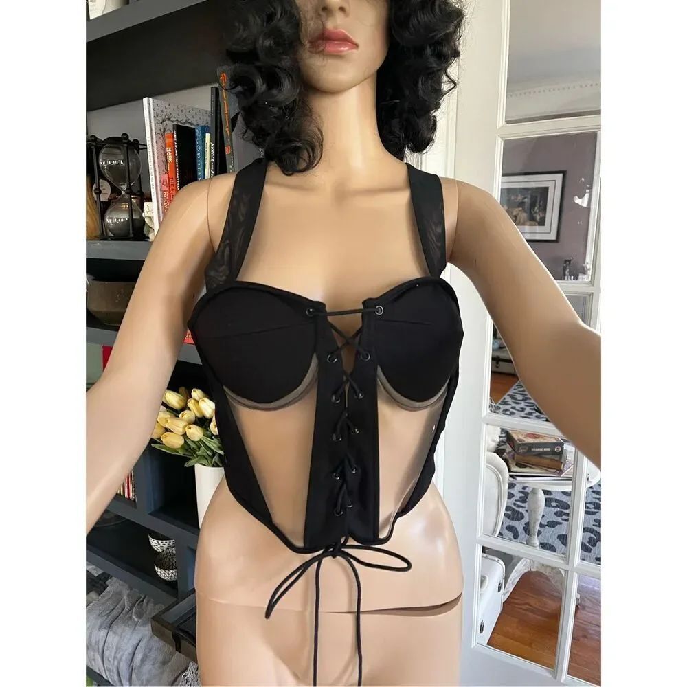 Akira Neither Here Nor There Black Mesh Corset Top sz M NWT